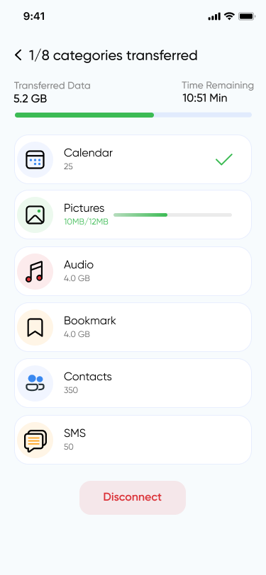 Transfer progress screen displaying ongoing data transfer of selected categories.